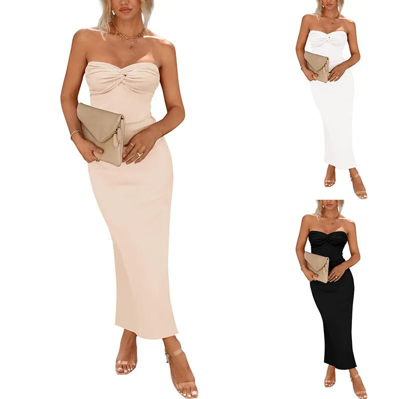 

Women Strapless Sleeveless High Waist Slim Solid Color Ankle Length Dress Fashion Sexy Dress