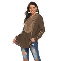 Folk Vintage Ethnic Embroidery Tunic Blouse Top Brown Long Sleeve Women  V Neck Loose Boho Retro Rayon Ladies 23xl Casual Shirt - Image 4