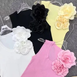 4 colori 3D fiori punto senza maniche canotta lavorata a maglia gilet Slim Fit per le donne 2024 Sring maglieria estiva Sexy Y2k Crop Top Tank