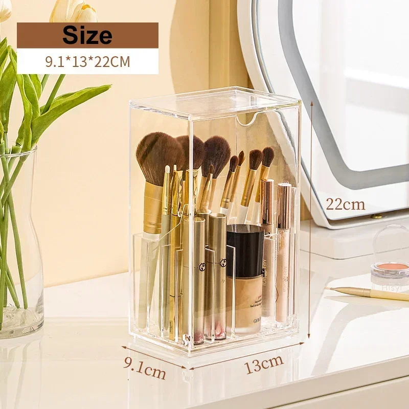 Clear Cosmetic Brush Storage Box Makeup Brush Holder with Lid Large-Capacity Cosmetic Holder Pen Slant Lipstick Desk Container