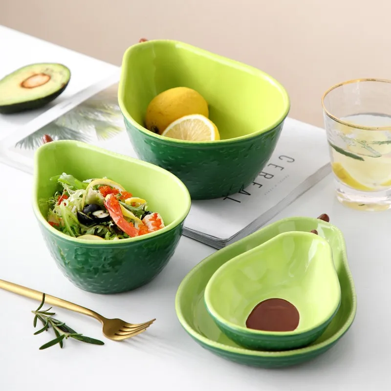 

Avocado Shaped Ceramic Salad Bowl Creative Cartoon Soup Bowls Family Fruit Snack Dinner Plate Kitchen Accessories Ins Tableware