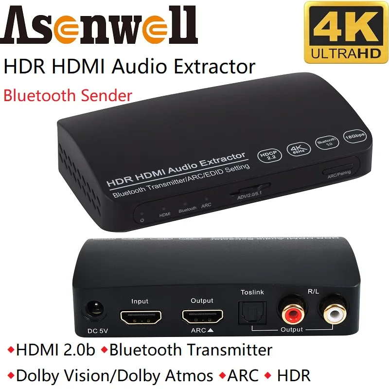 

HDMI Audio Converter Extractor L/R SPDIF Toslink 5.1 ARC HDCP 2.2 4K60Hz HDR Video Audio Bluetooth Sender for Wireless Earphone