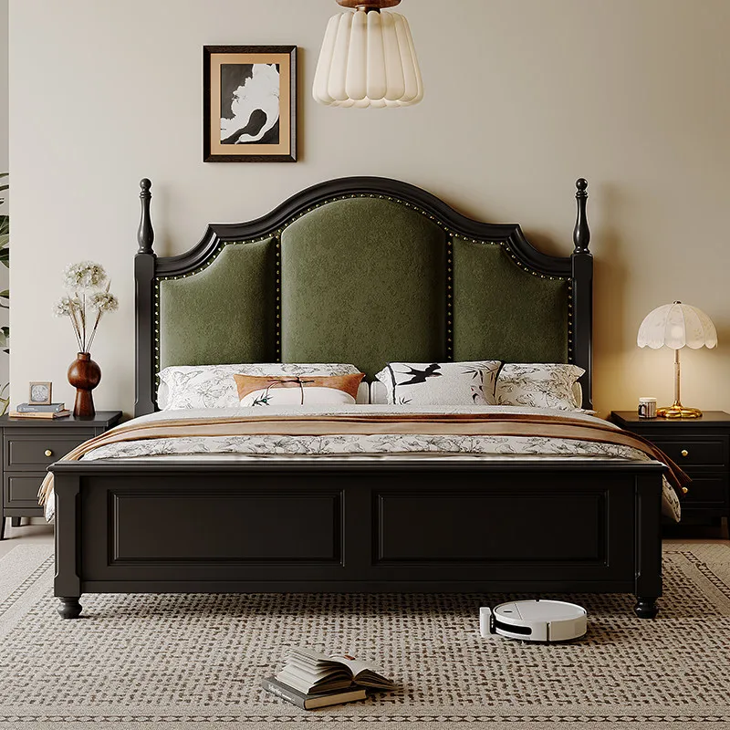 French retro bed solid wood soft rest 1.8 meters double bed black American