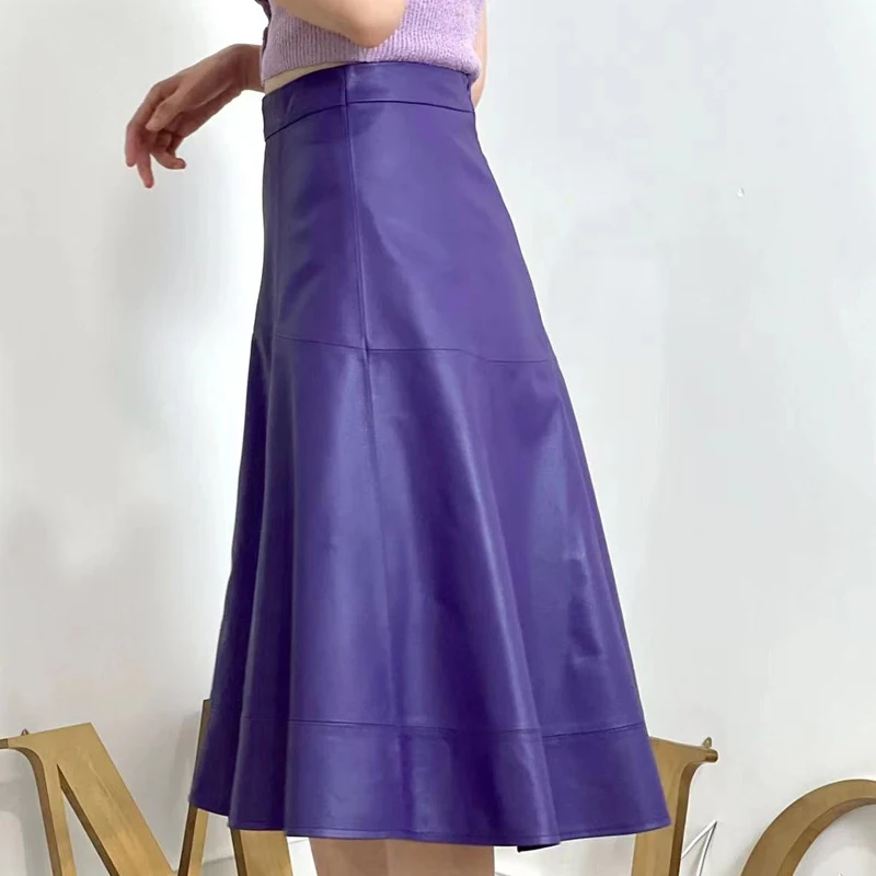 Elegant Purple Skirt For Women Genuine Leather Slim Large Swing Wave Circular Arc  Long Faldas Black Saias Femininas Streetwear