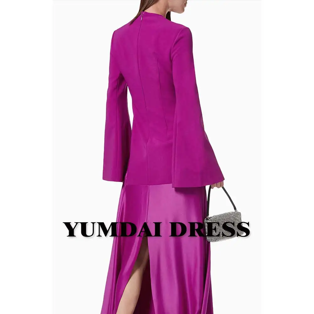 YUMDAI Dubai Purple Crepe Long Sleeve Mom Evening Dress 2024 Saudi Wedding Prom Party Midi Dress Women Formal Evening Dress