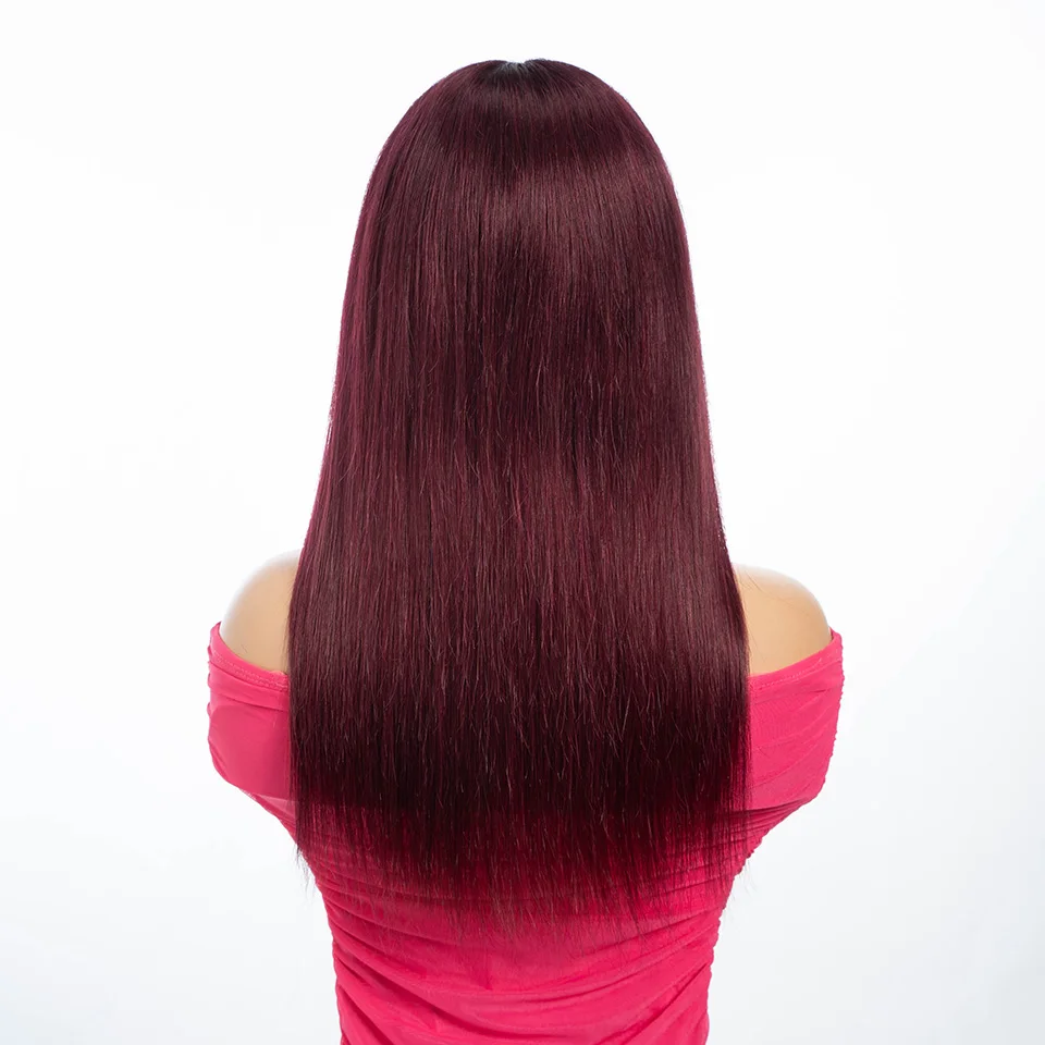Wine Red 99j Straight Hair Wig With Bangs Long Silky Human Hair Wig For Women Natural Looking Daily/Cosplay Wig 180% Density - Image 5