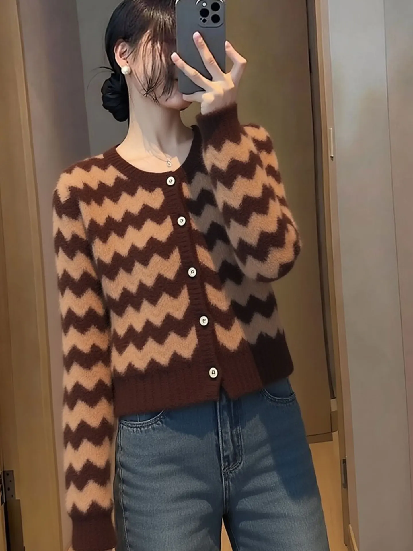 

Вязаный кардиган Ele Long Sve с волнообразным узором и цветовыми блоками, модный весенний свитер-топ, высококачественный европейский бренд