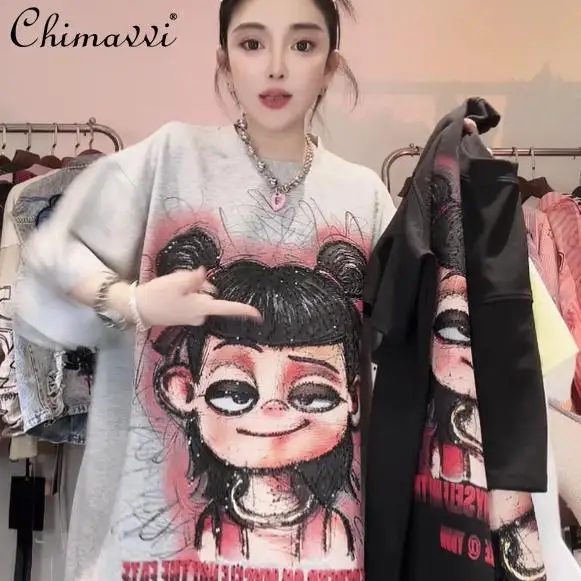 

2025 New Summer Heavy Industry Cartoon Nezha Tshirt Sweet Cool Female Students O-neck Short Sleeve Loose T-Shirt Women's Top