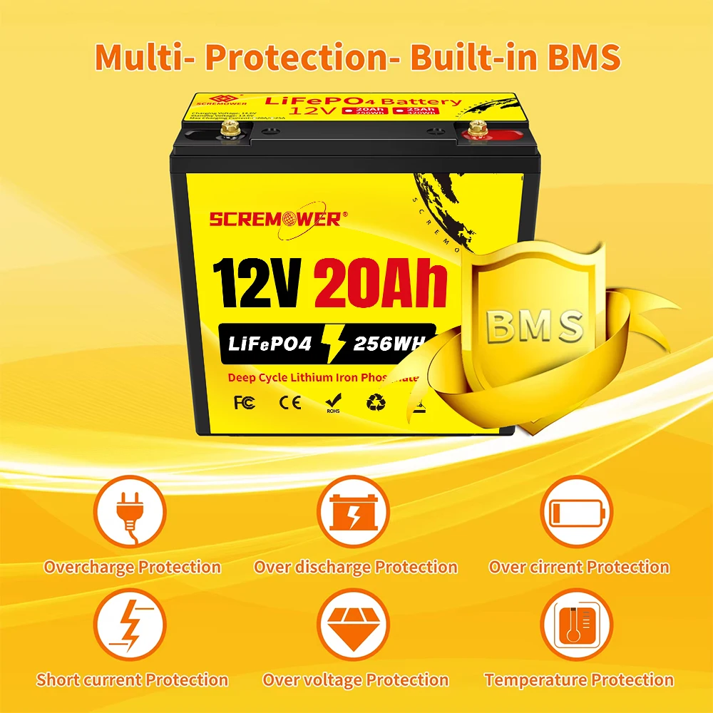 12V LiFePO4 Battery 20Ah Deep Cycle Chargeable Lithium Battery with BMS for Fish Finder, Power Wheel, Boat, Emergency Lighting