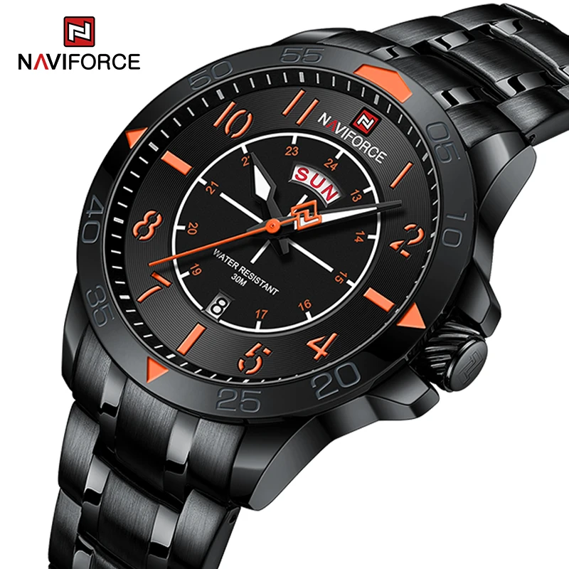 NAVIFORCE Man\'s Casual Wild Quartz Wristwatch Waterproof Stainless Steel Watches for Men Day and Date Display Clock Reloj Hombre