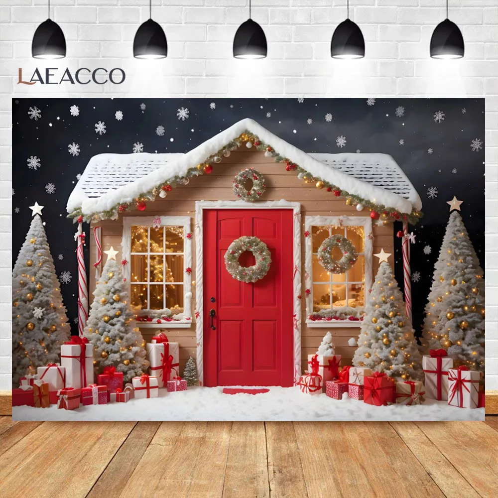 Merry Christmas Photography Background Window Red Curtain Fireplace Xmas Tree Gift Teddy Bear Wood Floor Baby Portrait Backdrop