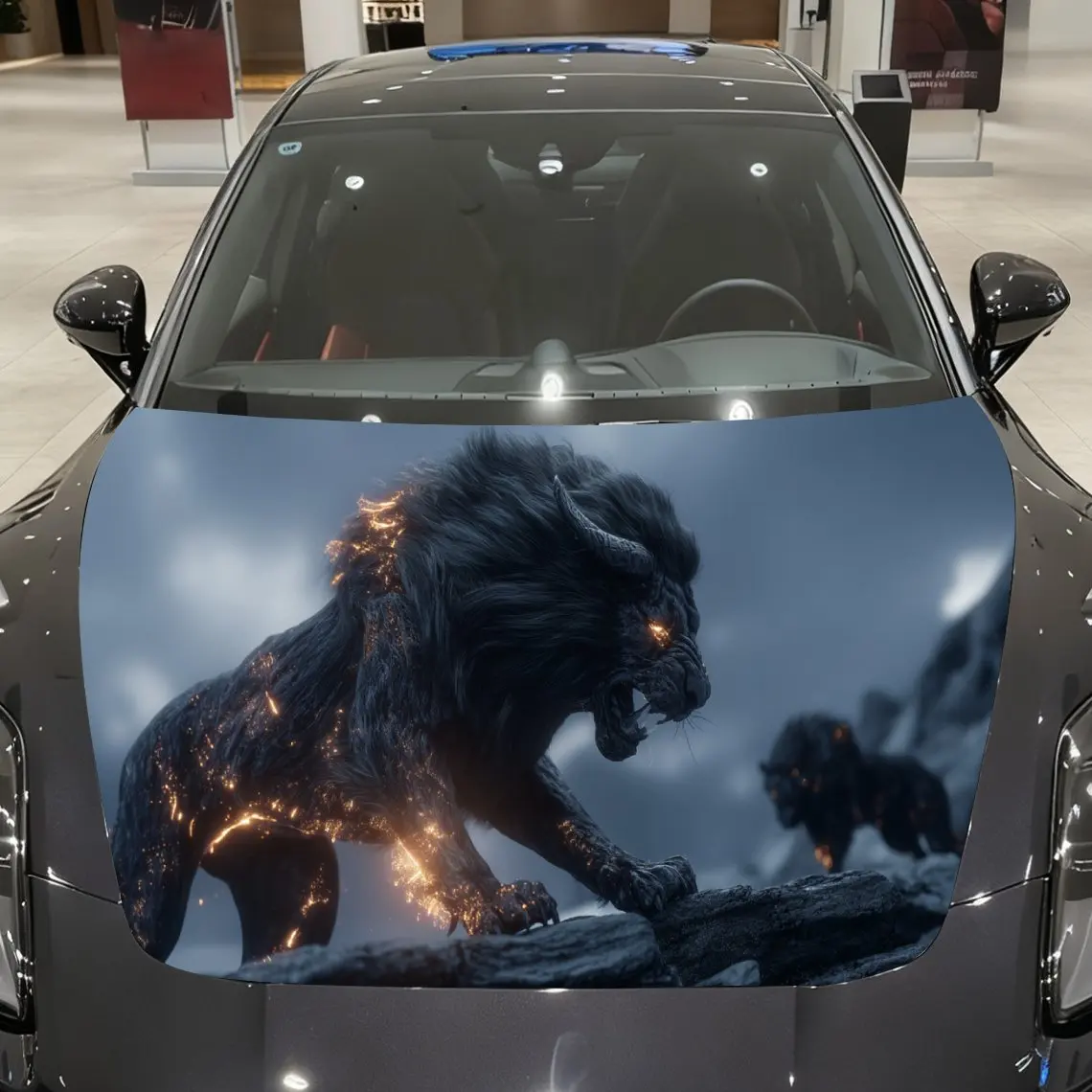 

Golden-Flame Blue Lion Conquers Misty Domain Car Vinyl Wrap, PVC Material Waterproof Car Hood Sticker, Self-Adhesive Scratch-Res