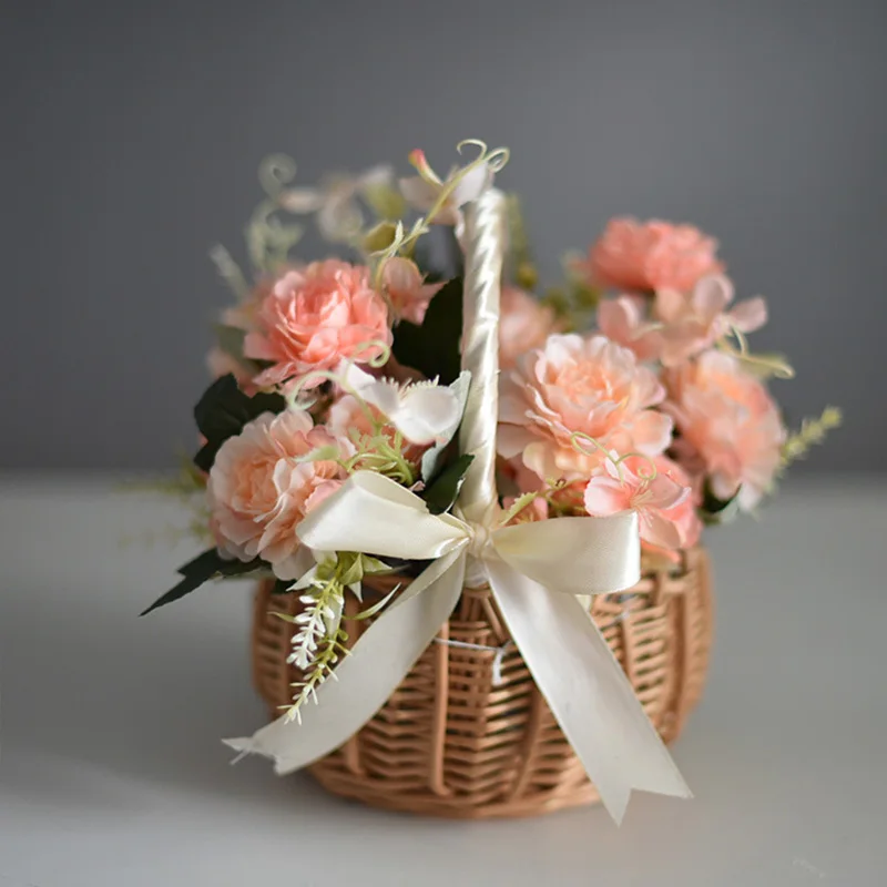 Cesto di fiori da sposa cesto di fiori da damigella d'onore cesto di oggetti di scena di nozze intrecciati a mano Vintage