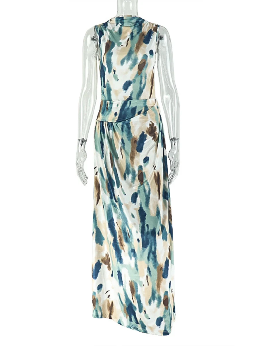 Ziml casual estilo praia impressão vestidos longos para mulheres em torno do pescoço sem mangas cintura alta emagrecimento dobras chique vestido feminino novo