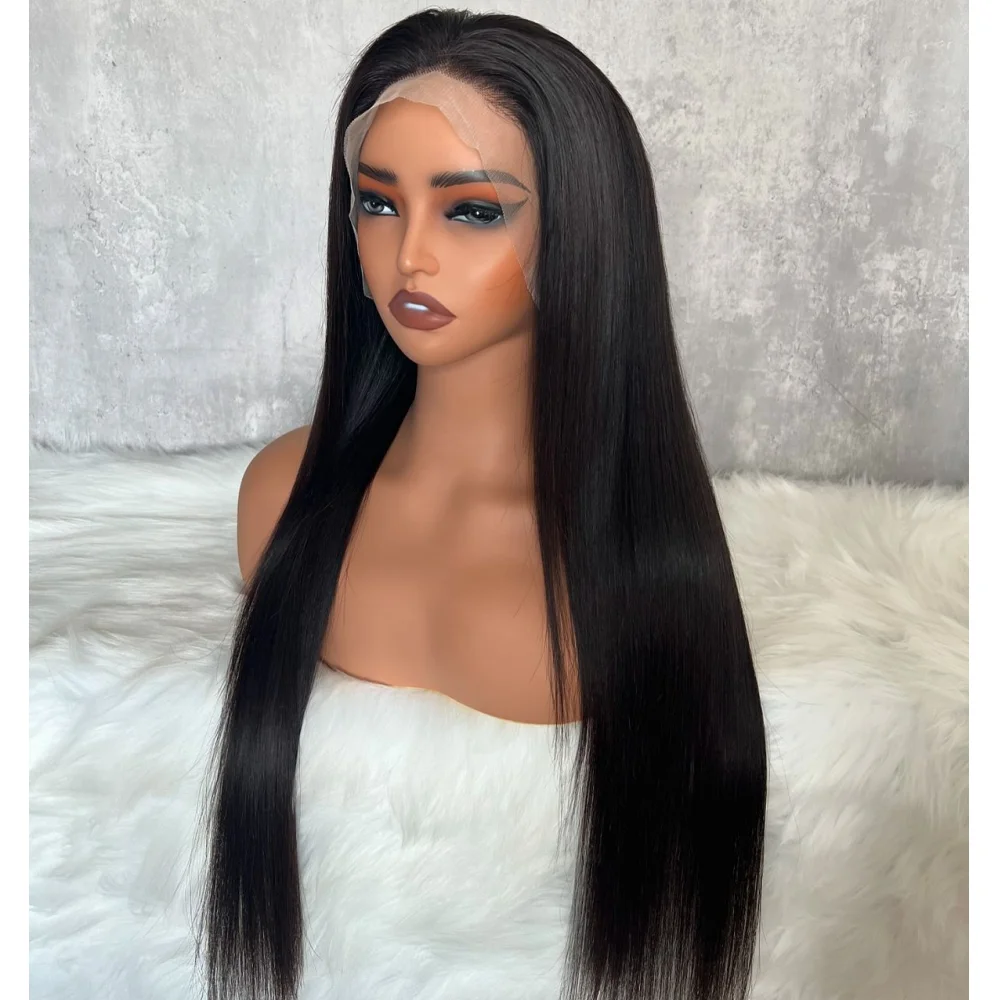 

Soft Long 26Inch Black Straight Glueless 180Density Lace Front Wig For Women With Baby Hair Preplucked Daily
