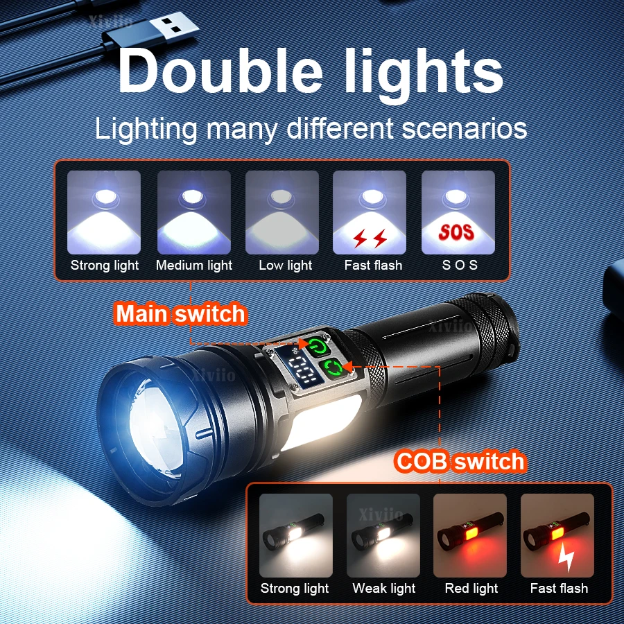 Senter LED Genggam Isi Ulang 180000LM dengan Zoom, Lampu Samping COB Merah, Lampu Peringatan, Tahan Air untuk Berkemah di Luar Ruangan