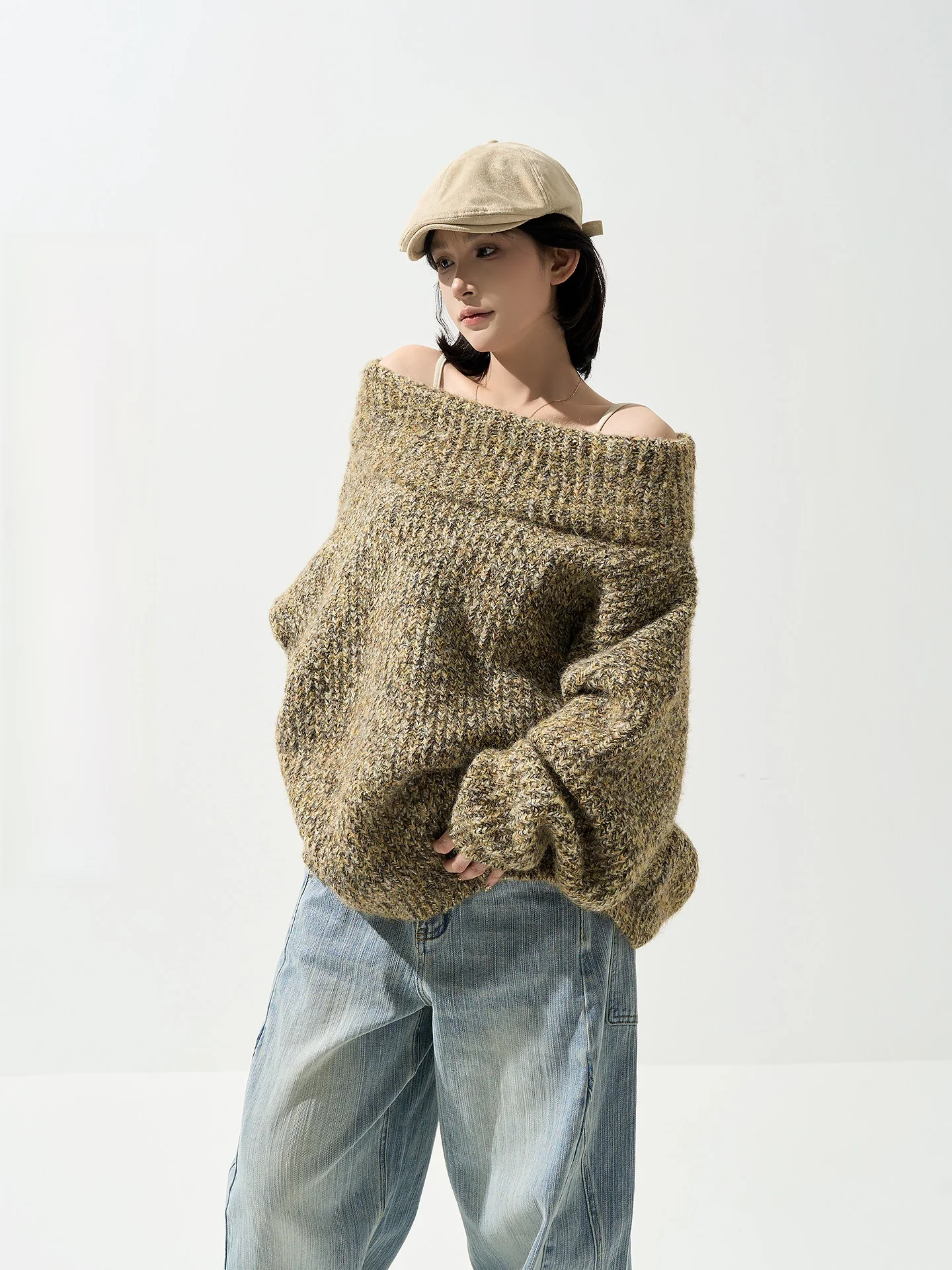 

Loose Long Sve Knitted Sweater Women's Autumn Winter Korean Sle One oulder Design Warm Top Wutongtong Casual Daily Wear