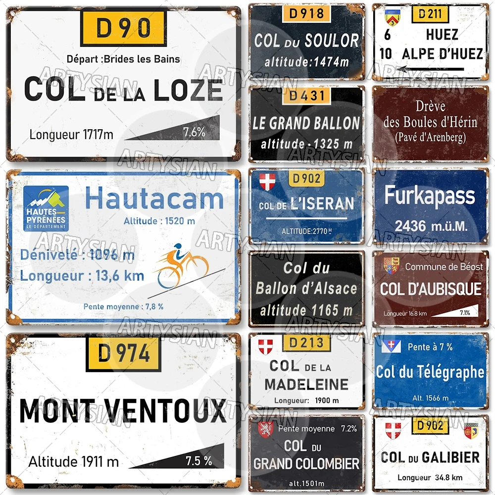 Cartel de metal para carrera de ciclismo, placa de referencia de Francia, Croix de Fer Loze l'Iseran Peyresourde Tramassel d'Izoard Galibier Mont Ventoux