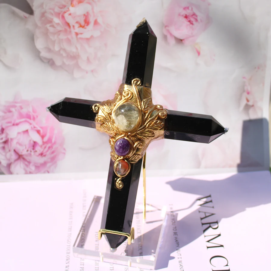 

Handmade Natural Black Obsidian Gemstone Crystal Point Wand Cross Ornament For Home Decoration