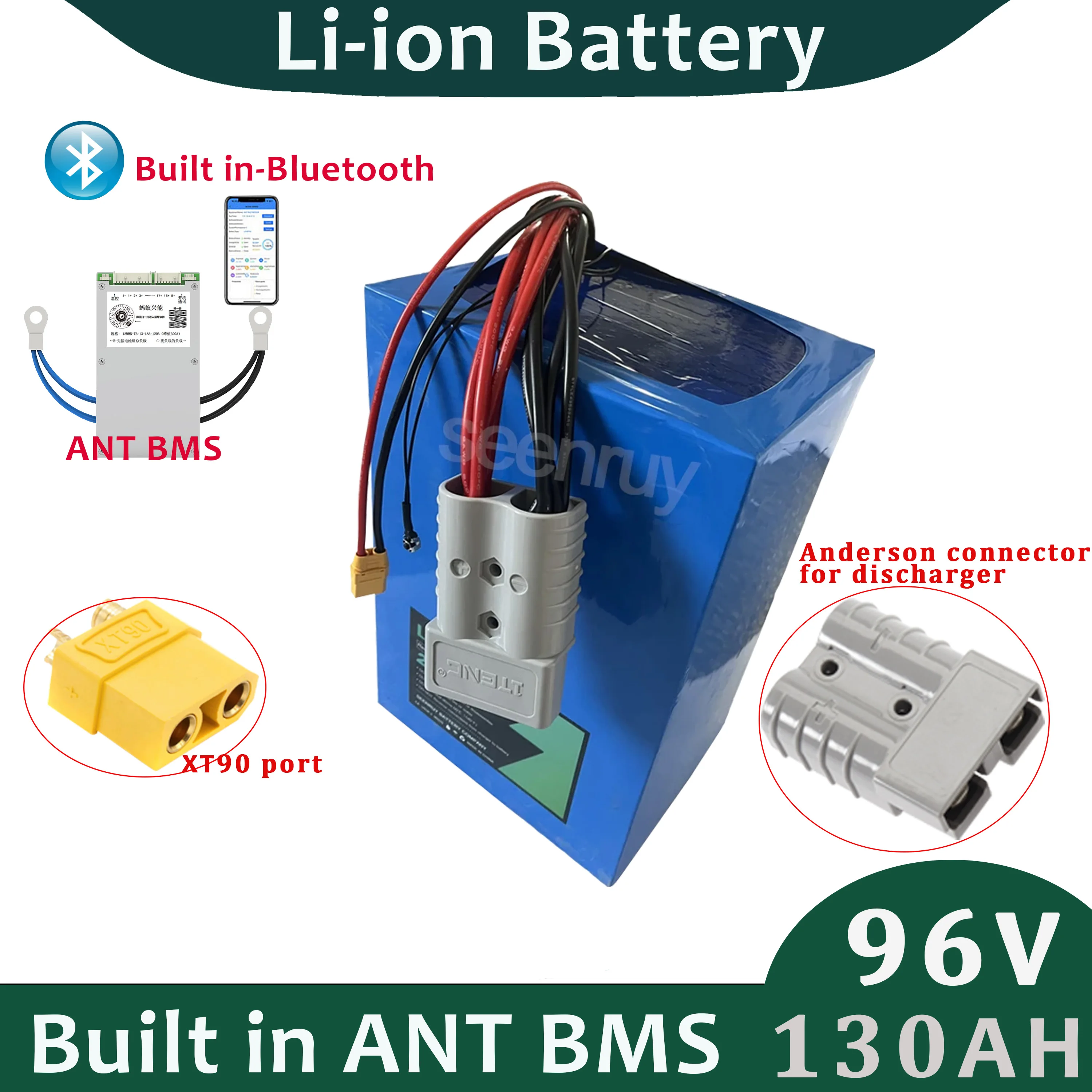 96V 130Ah Lithium Ion Battery Pack Built in ANT BMS For Electric Camper Cart with 20A Charger
