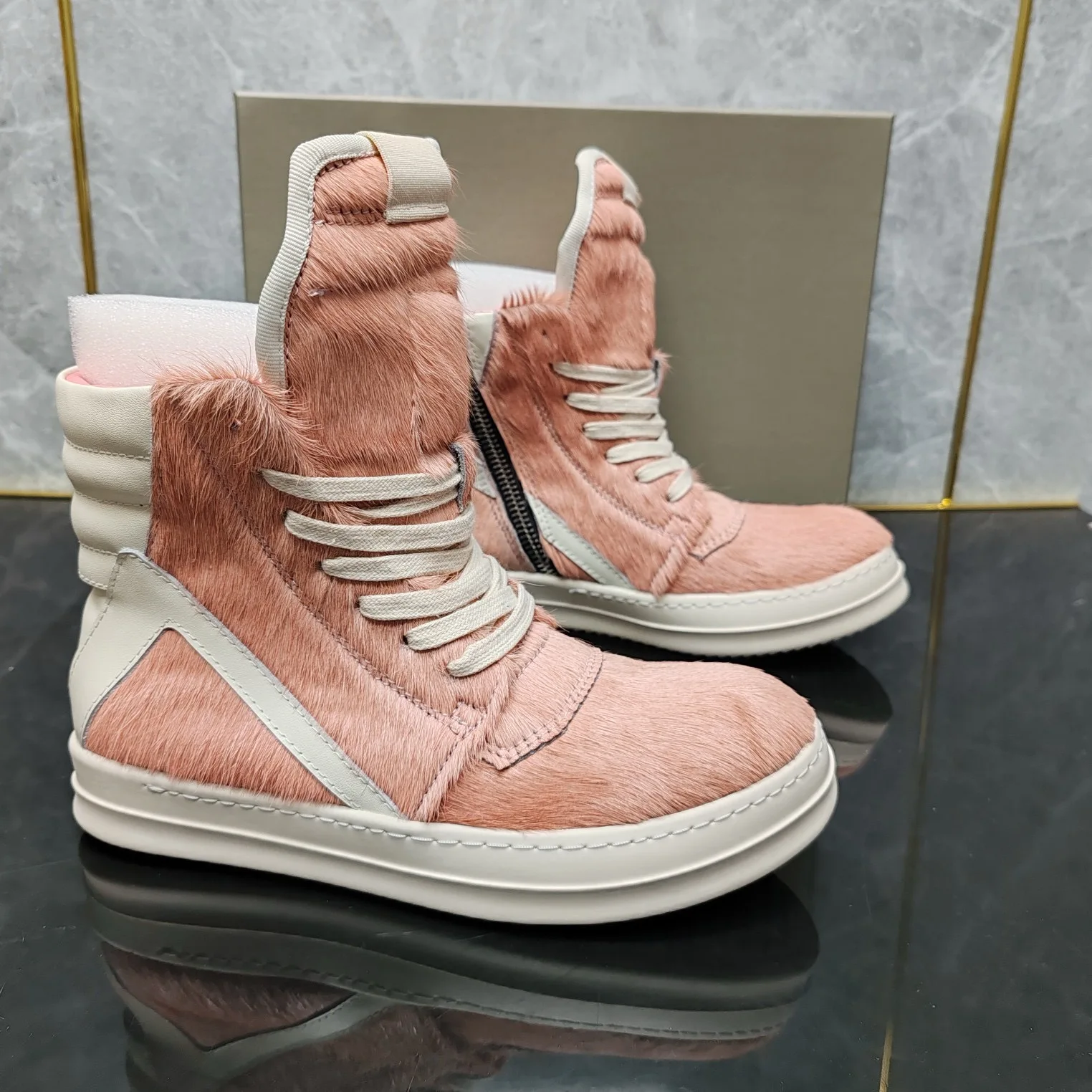 Round Owens horse hair inverted triangle high-top zipper men's shoes pink Harajuku style couple shoes high-end customization.