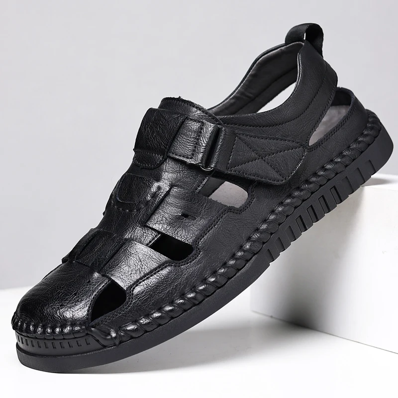 

Men's Black Closed Toe Leather Sandals Breathable Anti-slip Non-slip Casual Summer Outdoor Beach Shoes for Men