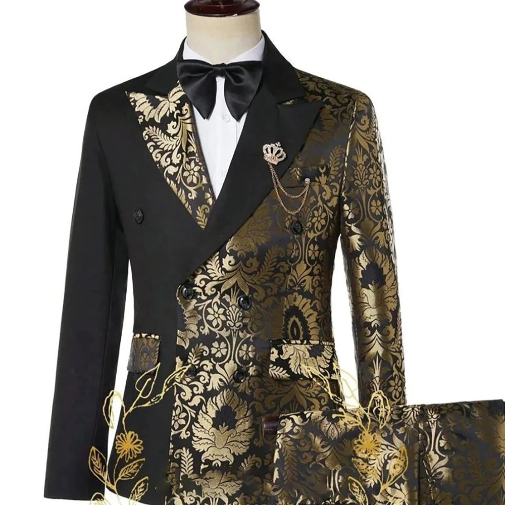 

Customized Men's Suits Gold Silk Polyester Jacquard Fabric Double-breasted Two Pieces (Jacket+Pants) Formal Presenter's Set