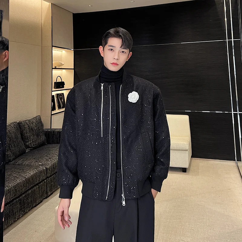 

iny Sequin Magnolia Pin Zipper Jaet Men's Haome Top High-End Feel Autumn Design Lightweight Outerwear