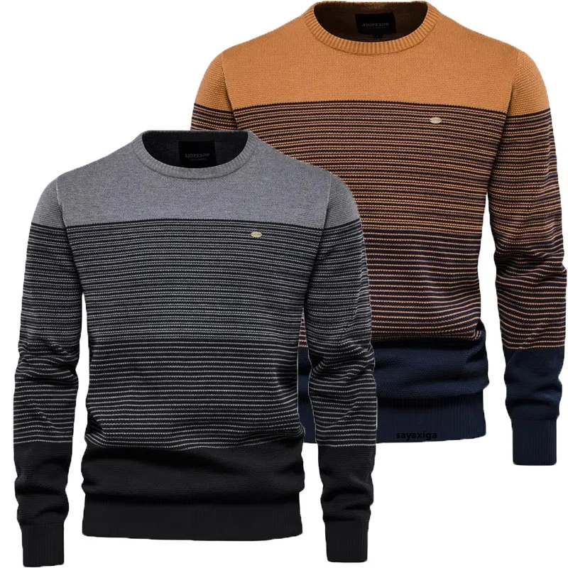 2026 Men's Autumn Winter Sweater Pullover European Size Long Sleeved Slim Fitting Round Neck Striped Men's Knitted Sweater tops