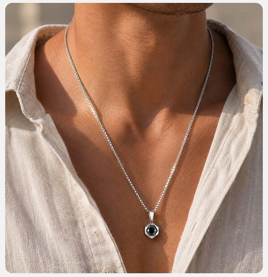 Vnox Herren-Schmuckset aus Edelstahl, Hexagon-Halskette mit schwarzem Zirkon und Armband mit Panzerkette, Punk-Hip-Hop-Männer-Accessoire, Geschenk – Detail 9