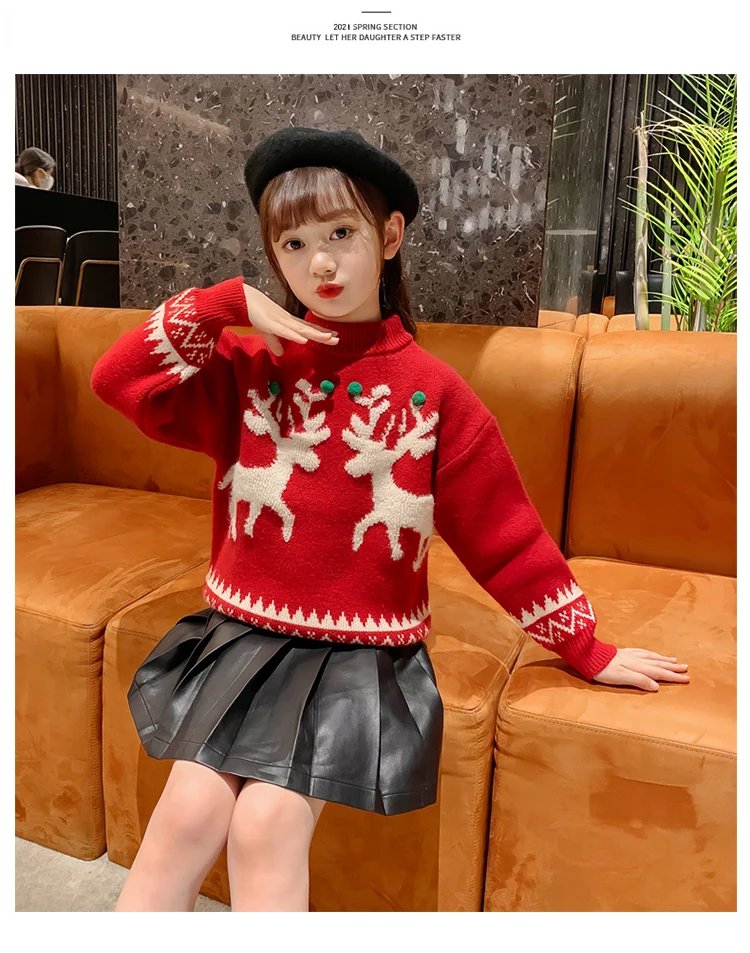 Kinder-Weihnachtspullover-Kostüm für Mädchen, Neujahrspullover mit Hirschmotiv, gestrickte Kleidung, Kinder-Rollkragenpullover, rote Strickware, Alter 4-13 Jahre – Detail 11