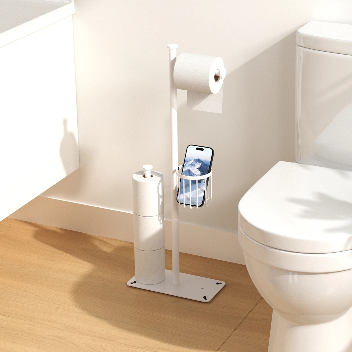 Independent toilet paper holder, tissue holder with storage basket, and optional sanitary brush holder