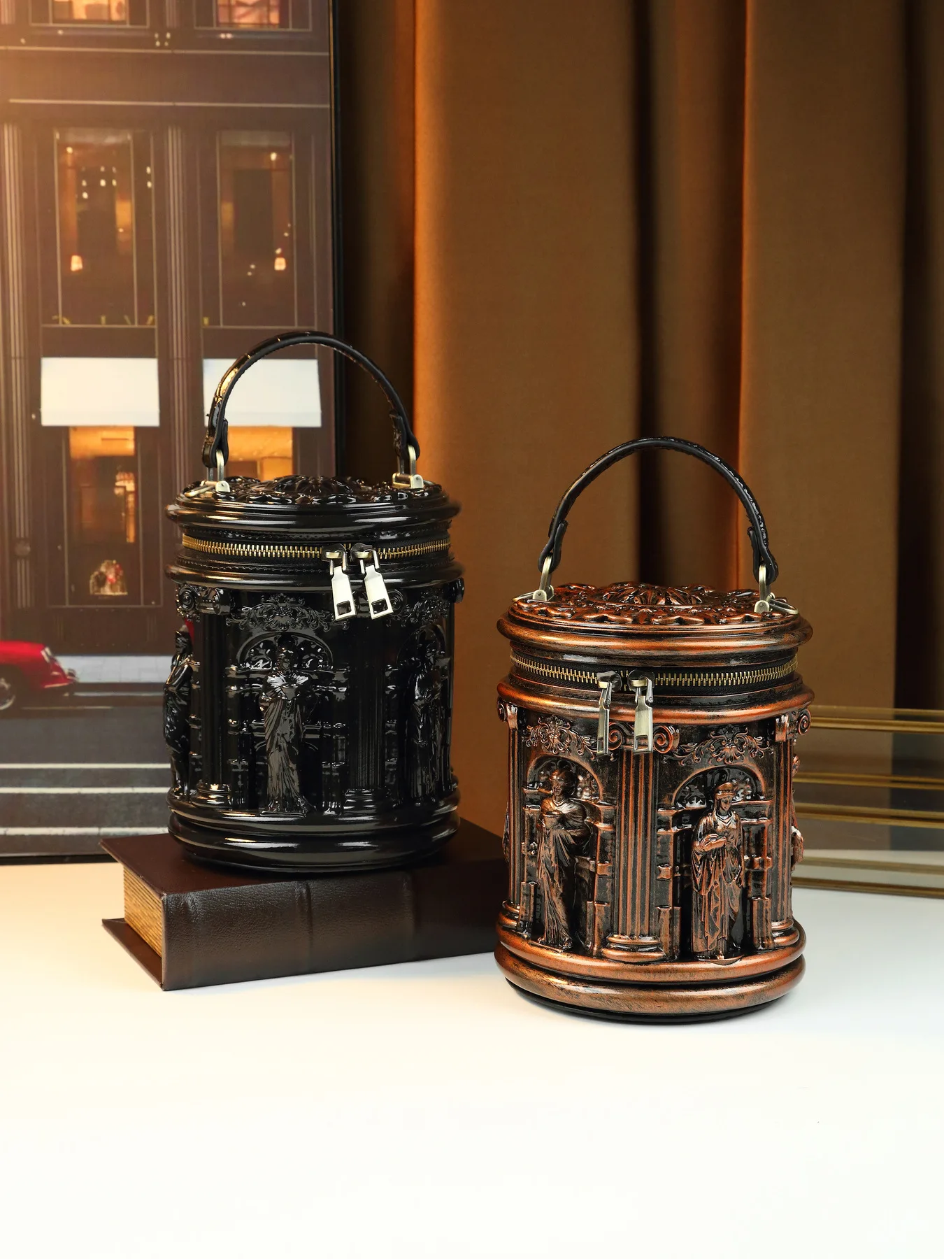 Vintage Architecture Style Cylinder Top Handle Bag, American Creative Design, Women Shoulder Crossbody Bag for Party