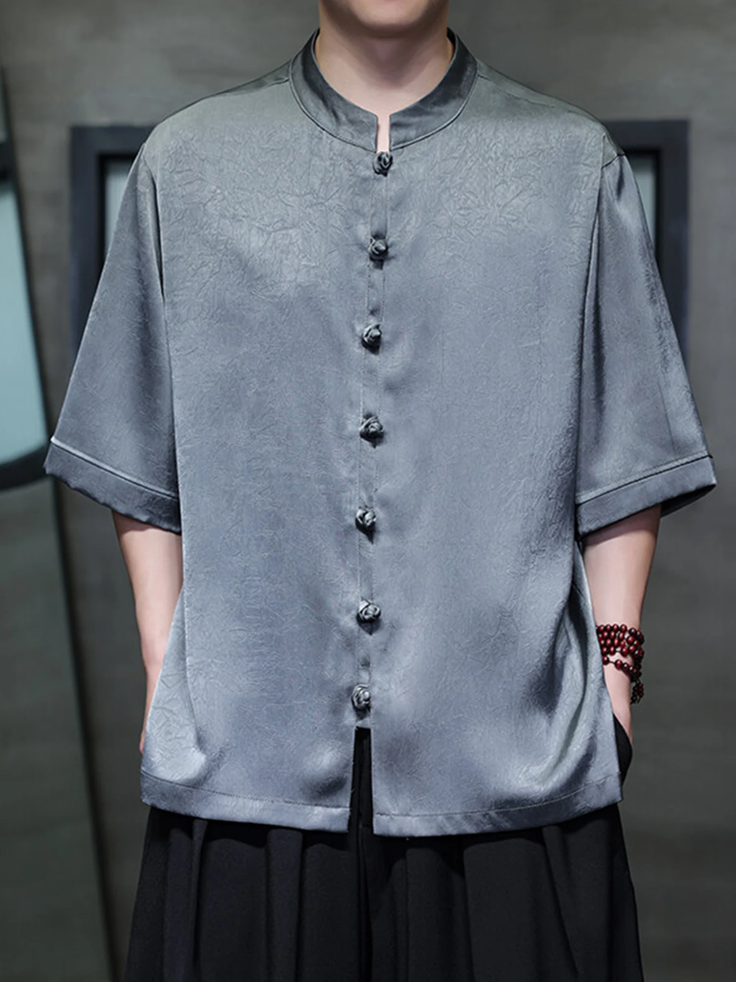 

Men's Summer Short Sleeve Shirt Satin Finish Loose Fit Versatile Chinese Style Five Sleeve Large Size Breathable Thin Material