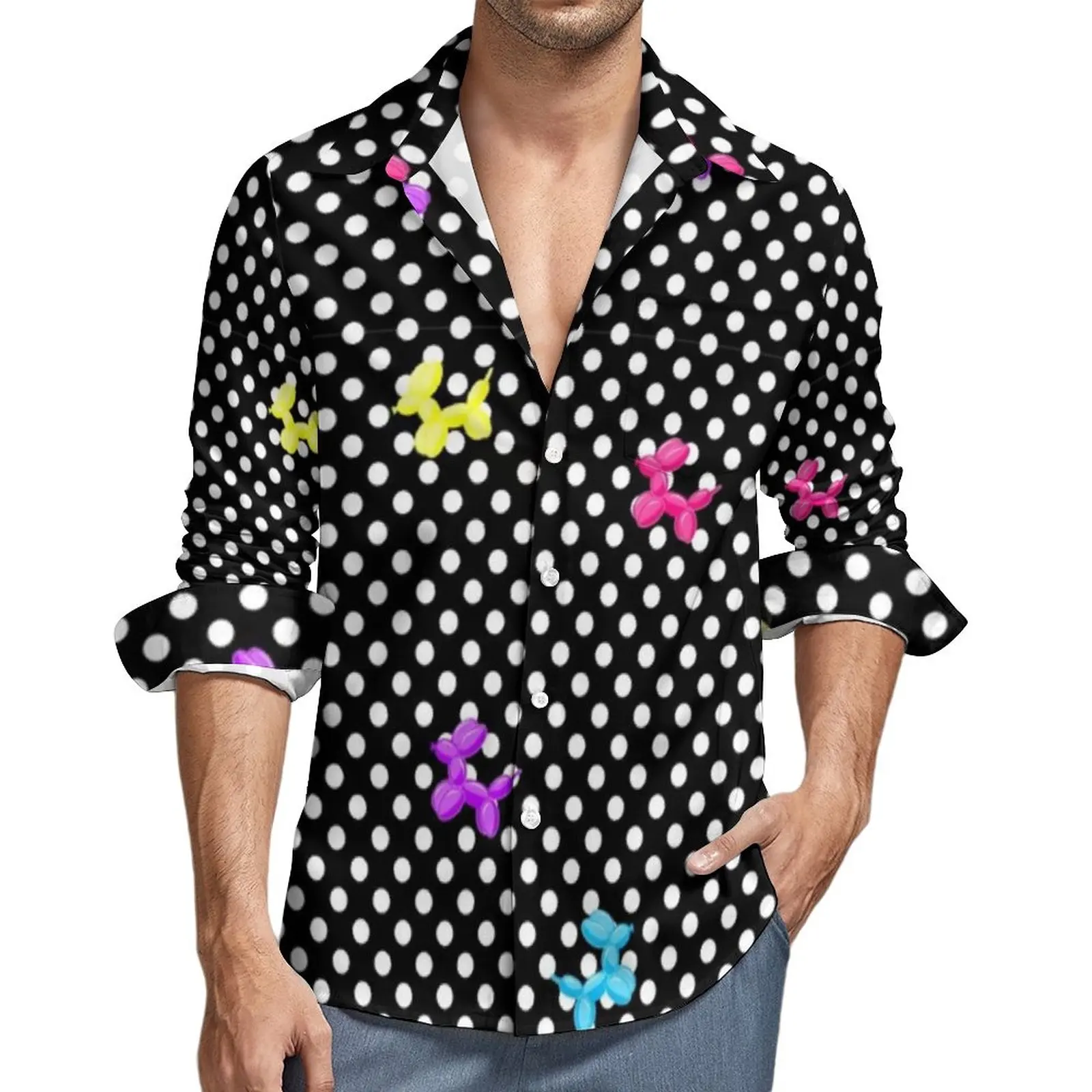 Dog Balloon Shirt Spring Polka Dot Print Casual Shirts Male Trending Blouses Long Sleeve Pattern Street Tops Big Size