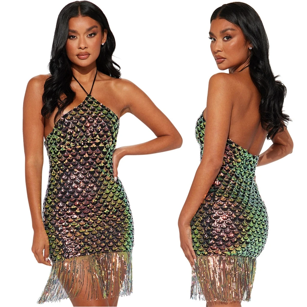 Women\'s Sexy Halter Neck Bodycon Mini Dress Splid Color Backless Sleeveless Sequins Tassels Short Dress Party Clubwear Dropship