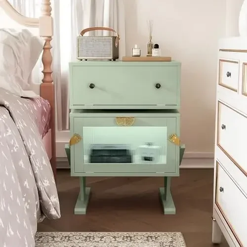 

Nightstand with LED Light Strips, Green End Table with 360° Rotating Drawer, Modern Bedside Table with Glass Door Storage