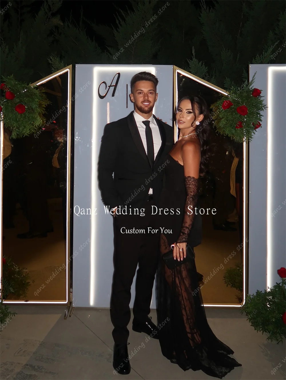 Qanz Black Evening Dresses Lace Appliques Swetheart Wedding Guest Dresses Classy Backless Long Robes De Soirée Customized image 5