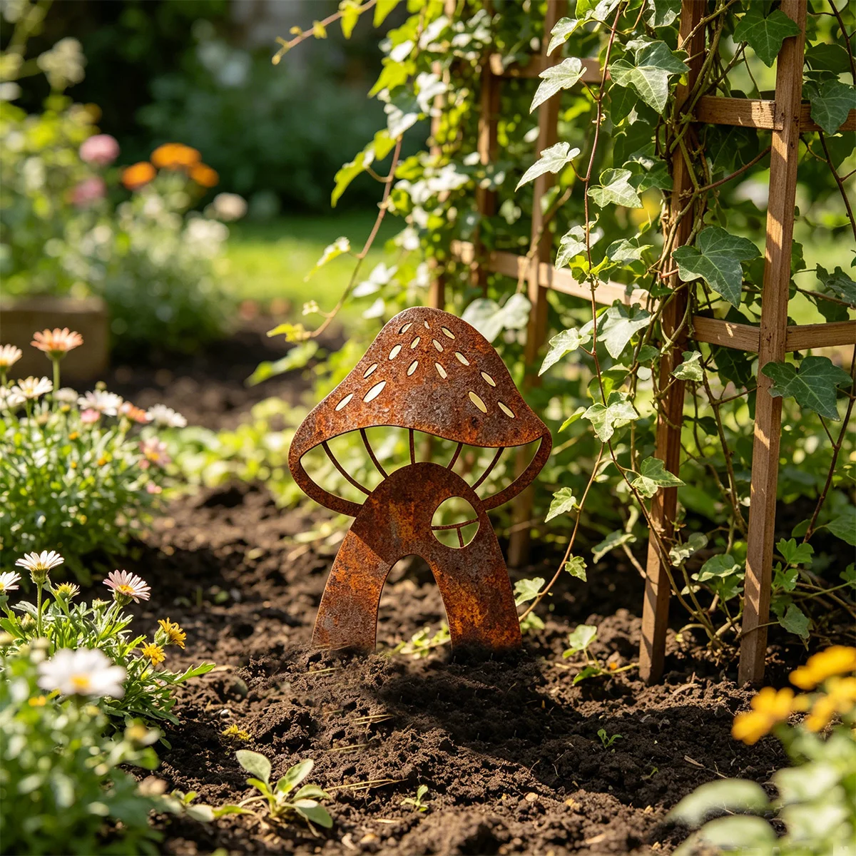 1Pc Iron Art Garden Decorative Stake, Rust-Colored Iron Art Hollow Mushroom House Garden Decorative Stake, Can Be Wrapped with Vines and Green Plants, Outdoor Flower Bed Lawn Landscaping Insert, Rustic Fairy Tale Style