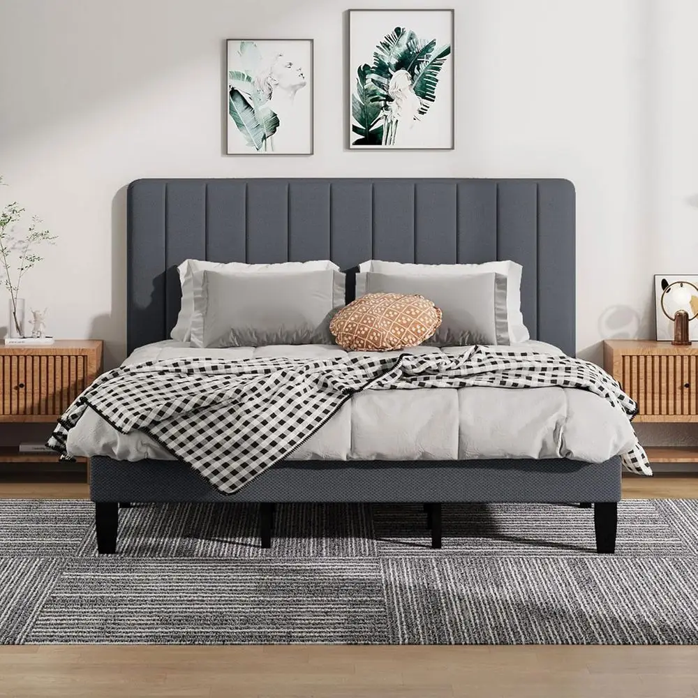 

Кровать-платформа King Size с льняной обивкой и 10 деревянными ламелями, не требует пружинного блока, простая сборка, серый цвет