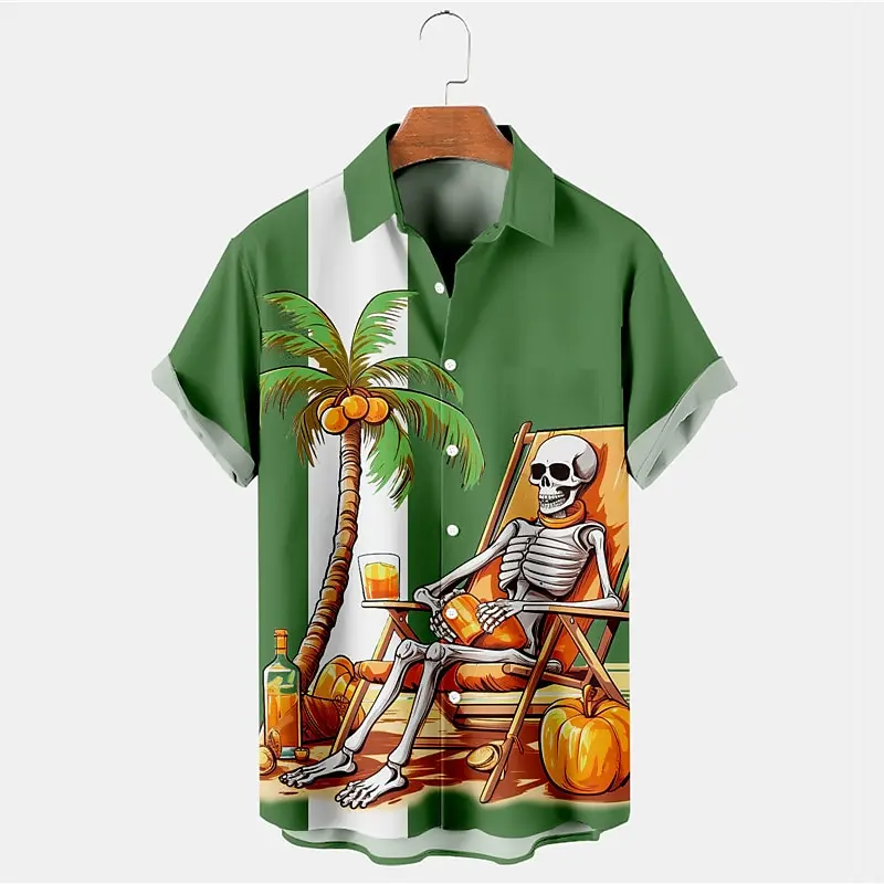 Skeleton Beach Hawaiian Casual Men's Shirt Outdoor Street Casual/Everyday Summer Short Sleeve Men's Cardigan Top