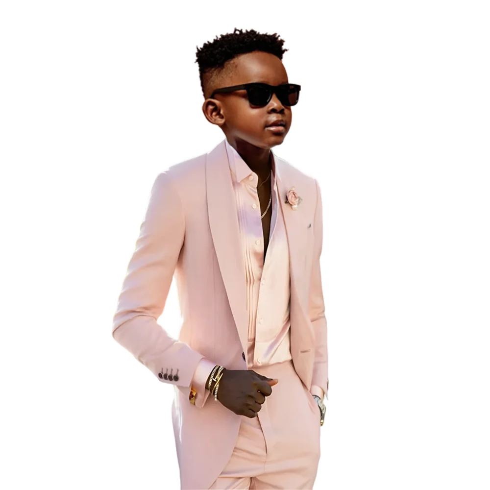 

Handsome Pink Boy Suits Wedding Tuxedos 2 Pieces Formal Wear Pants Suit Kids Business Evening Prom Blazer (Jacket+Pants) Custom
