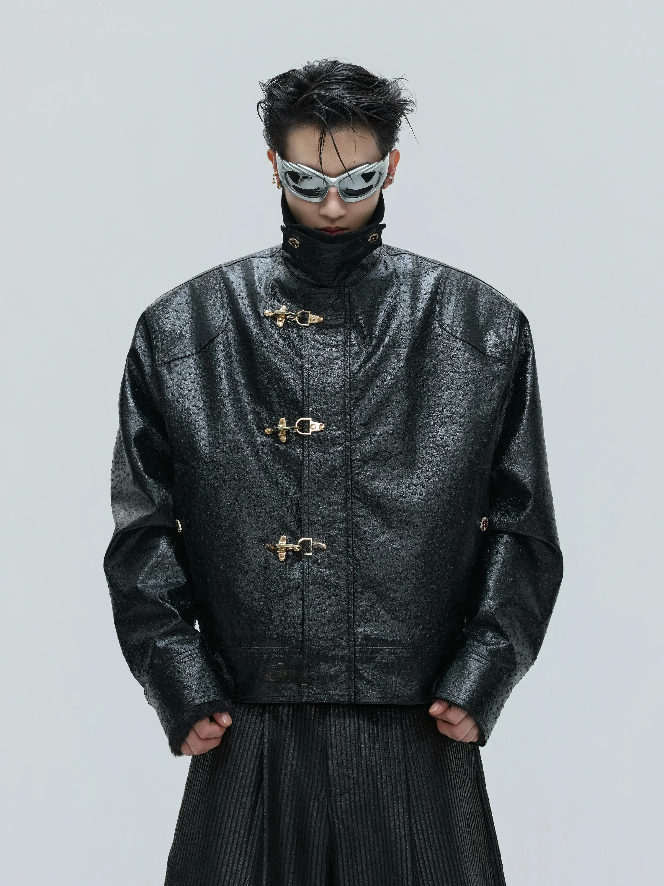 Thickened Cotton Jacket Inner Fur Aircraft Buckle Leather Coat Youthful Vitality Style Winter Warm Zipper Pocket PU Leather