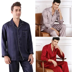 2Pcs/Set Summer New Man's Ice Silk Pajamas Soft Cardigan Lapel Shirt CasualWear Long-Sleeved Long Pants Solid-Color Homewear