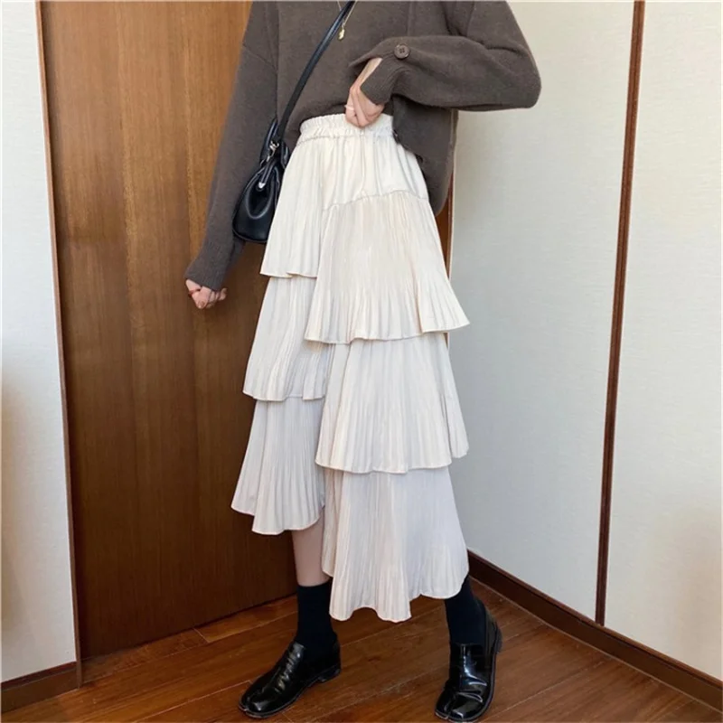 High Waist Black Irregular Cake Skirt Women Retro Casual Multi-layer Pleated Ruffles Korean Fashion Clothing Faldas Mujer Street