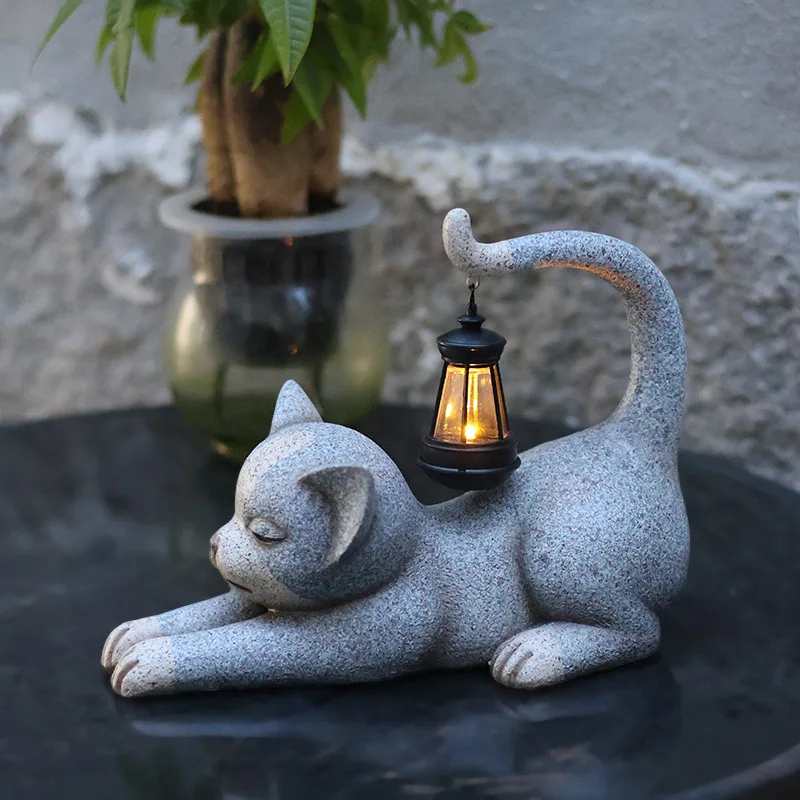 Outdoor Solar‑Powered Cat Statue Resin Animal Ornament Garden Yard Patio Balcony Decoration Lawn Ornament Night Light