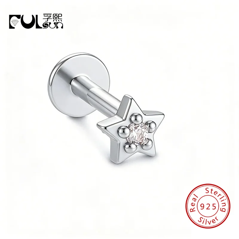 925 Sterling Silver 14K Gold Plated Star Single CZ Flat Back Single Stud Earring Cartilage Piercing Jewelry