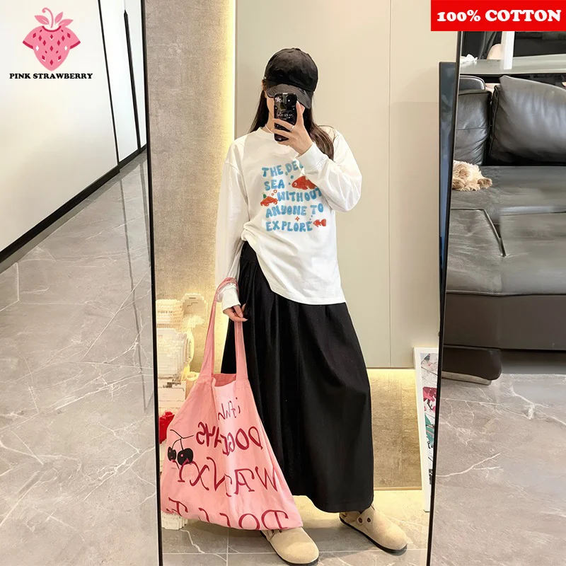 

Cartoon Fish Print T-shirt Women Autumn 2025 New 100% Cotton Round neck Long sleeve T-shirt Casual Loose Y2k Top Female clothing