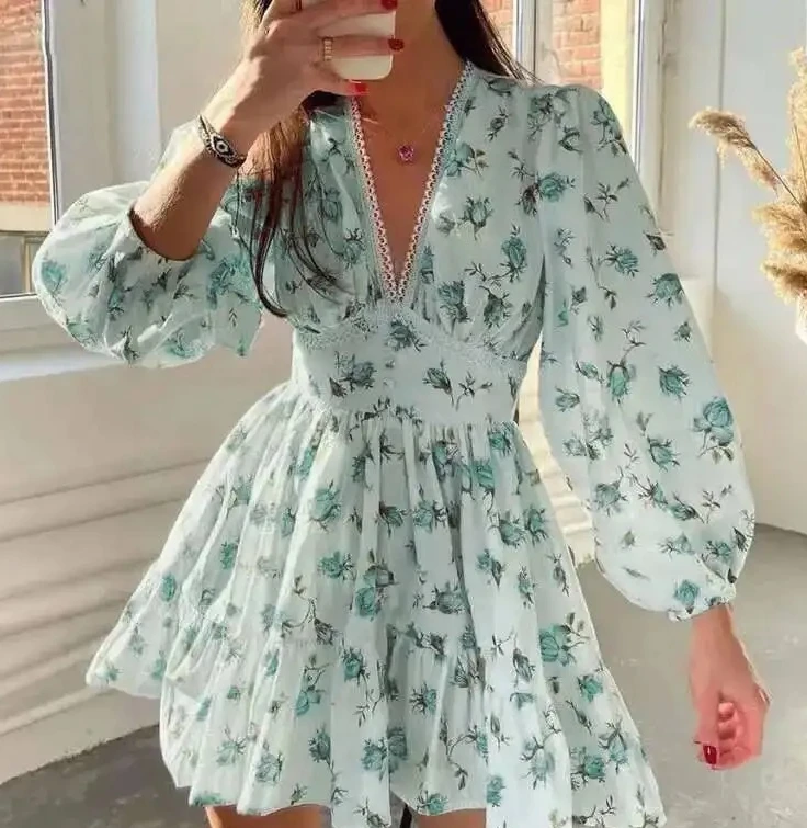 Mini abito da donna con stampa floreale a vita alta A-Line abiti estivi a maniche lunghe con scollo a V abiti casual da vacanza al mare vintage