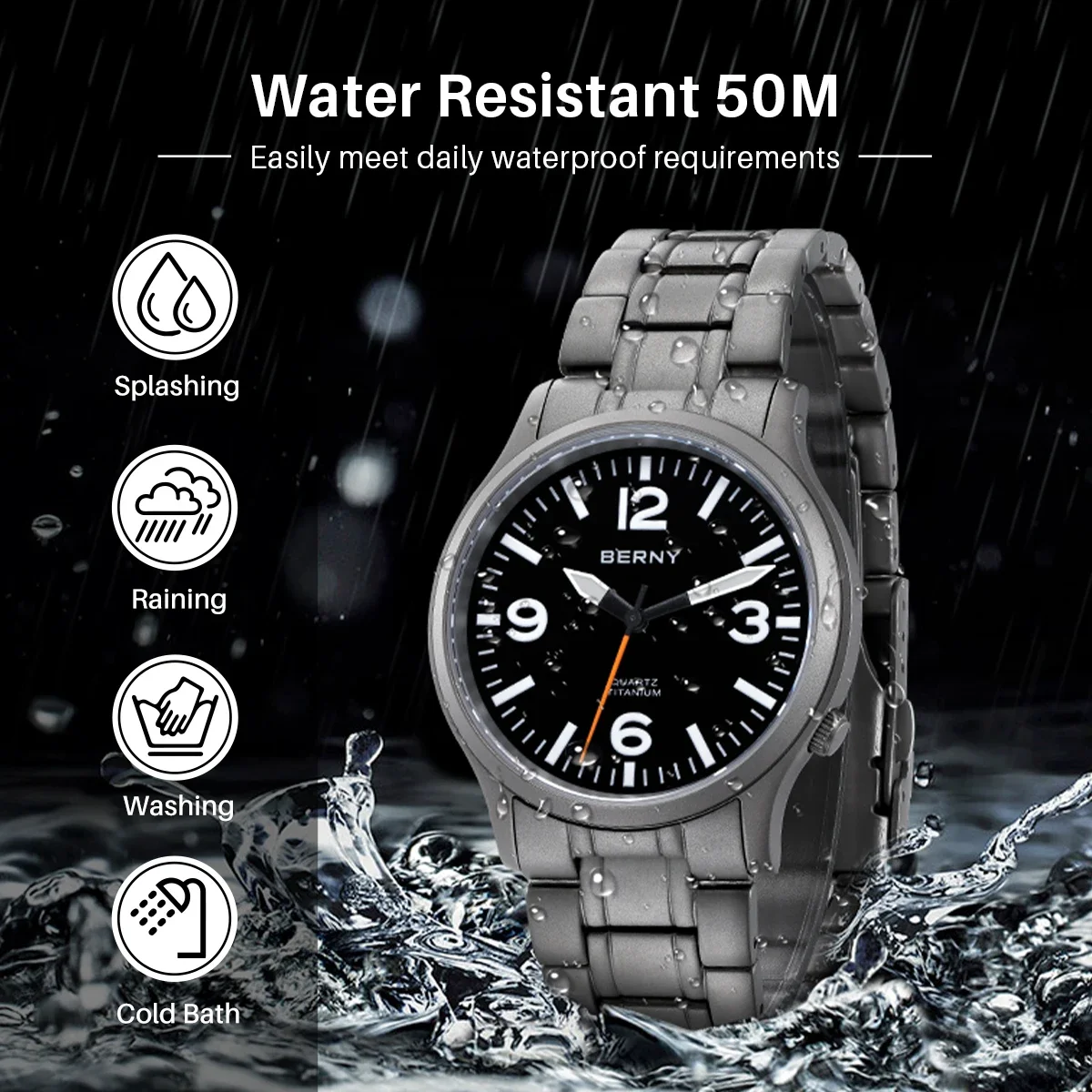 BERNY Men Titanium Watch Quartz Movement Lightweight and Comfortable Watches Titanium Strap Luminous 50M Waterproof Wristwatch